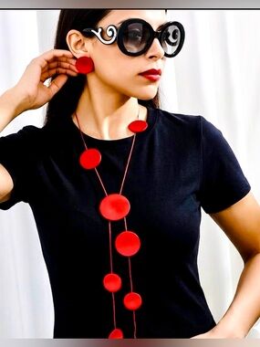 Bohemian Red Disc Necklace & Earrings Set | Vacation Statement Jewelry